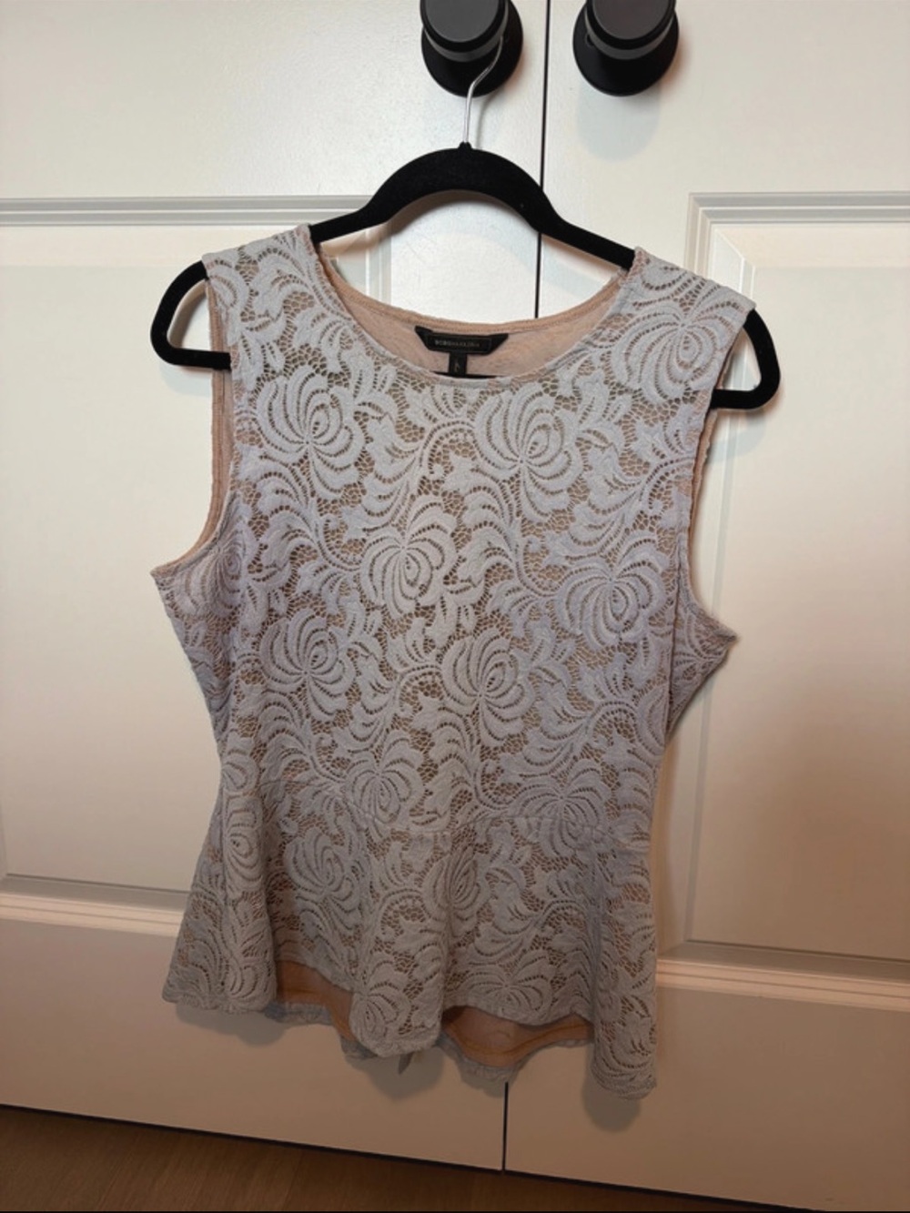 BCBGMaxAzria Sleeveless Lace Peplum Tank in Light Gray and Cream